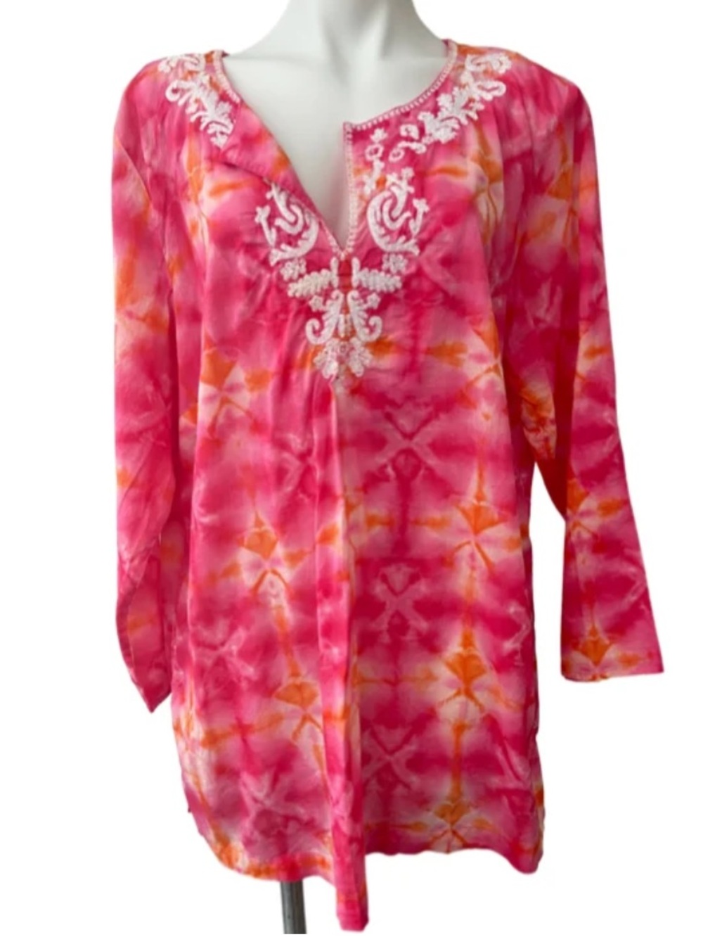 J. Jill Tie-Dye Embroidered V-Neck Tunic boho whimsy coastal chic top